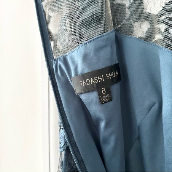 Tadashi Shoji Teal Sequin Illusion Sheath Knee Length Pailette Cocktail Dress 8 - Picture 10 of 13